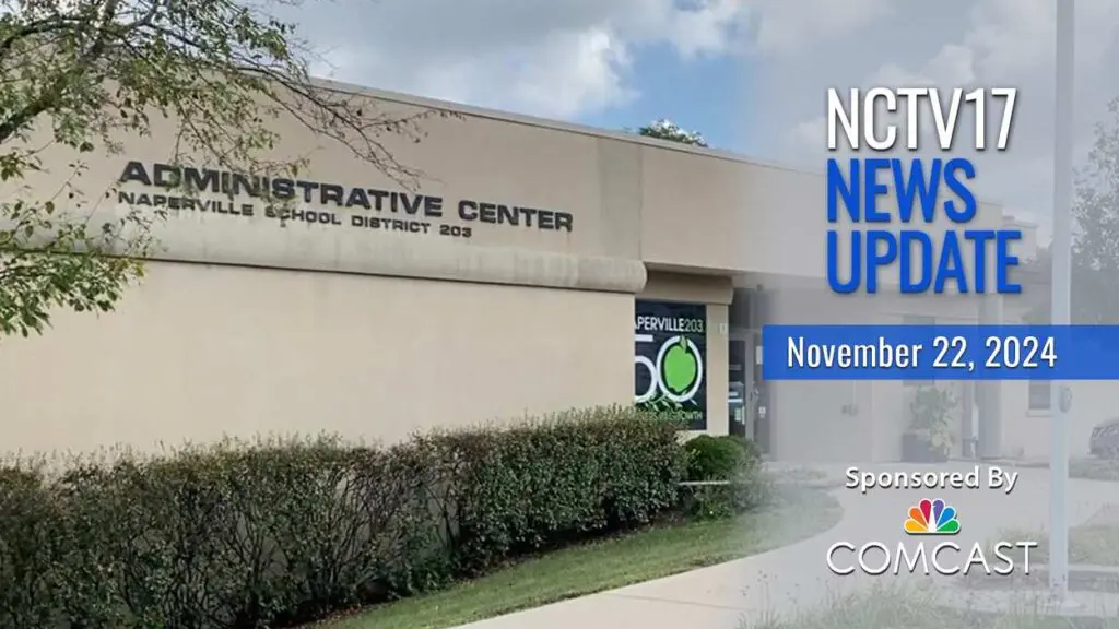 News Update slate for November 22, 2024 with District 203 administration building in background for NESPA agreement lead story