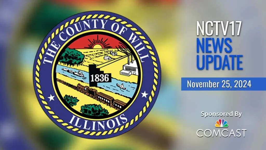 NCTV17 News Update slate with Will County seal in background for budget story