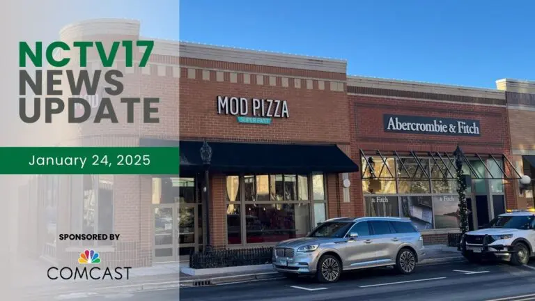 NCTV17 News Update slate for January 24, 2025 with exterior of MOD Pizza and Abercrombie Fitch building in background