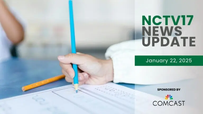 NCTV17 News Update slate for January 22, 2025 with close up of student writing with colored pencil for school day changes lead story
