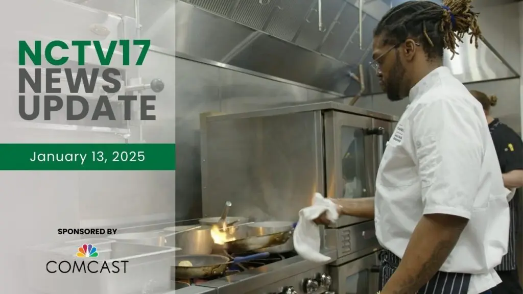 NCTV17 News Update slate for January 13, 2025 with Matrix club chef appearing on Chopped cooking in background