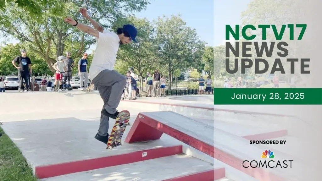 NCTV17 News Update slate for January 28, 2025, with skateboarder at park district Rothermel Family Skate Facility in background