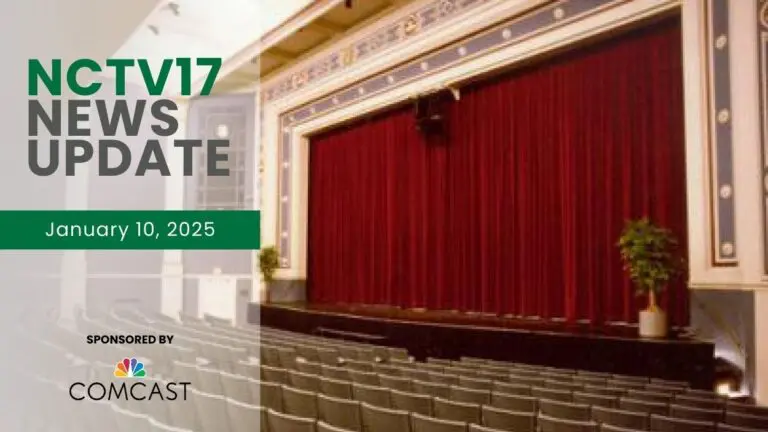 NCTV17 News Update slate for January 10, 2025 with Pfeiffer Hall in background - for lead story on Savannah Guthrie coming for book discussion