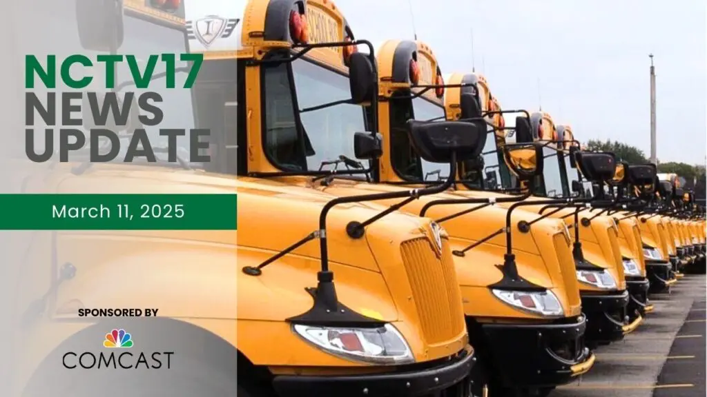 NCTV17 News Update slate for March 11 with school buses in background for first story on D203 school day changes proposed