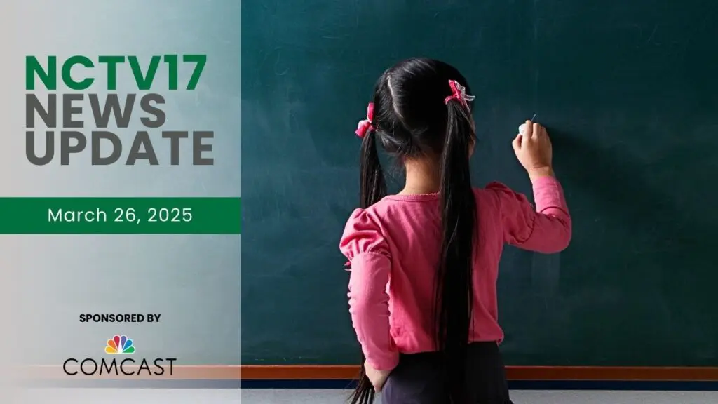 NCTV17 News Update slate for March 26, 2025 with girl writing at chalkboard in background for first story about D203 school day review