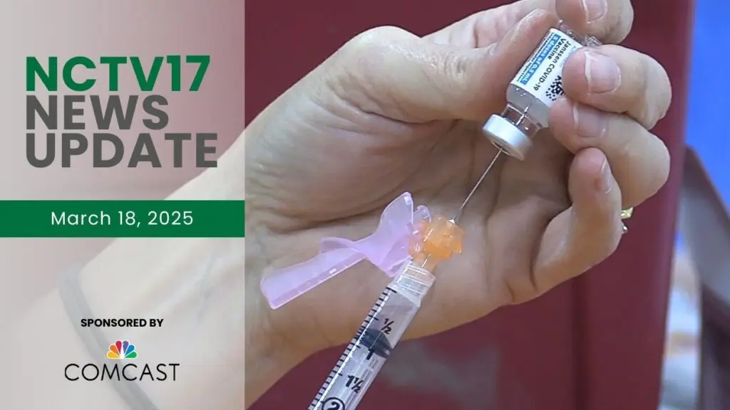 NCTV17 News Update slate for March 18, 2025 with COVID-19 shot syringe and bottle in background - image taken during pandemic