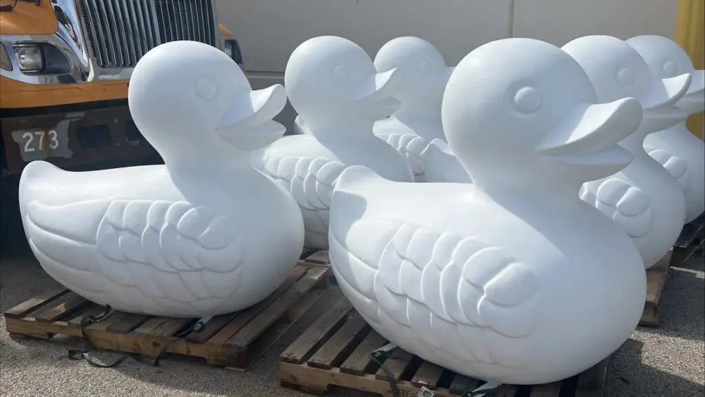 Six unpainted downtown Naperville duck sculptures