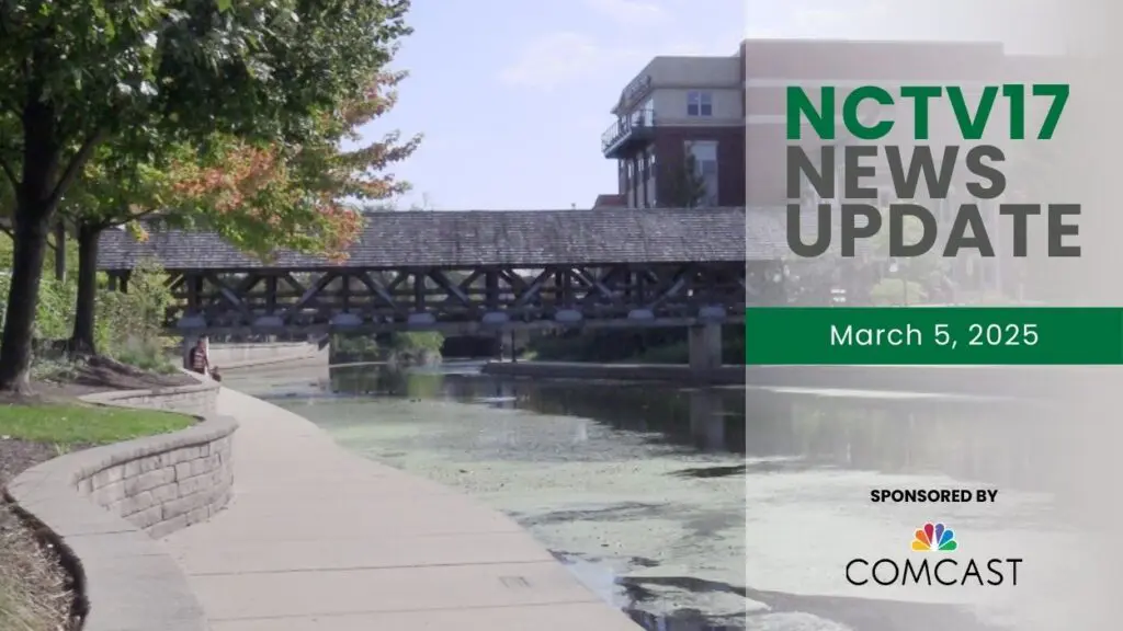 NCTV17 News Update slate for March 5, 2025 with Naperville Riverwalk bridge, river in background