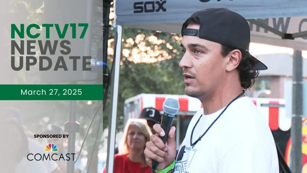 NCTV17 News Update slate for March 27, 2025 with image of Nicky Lopez, Naperville native and now LA Angels player, holding microphone