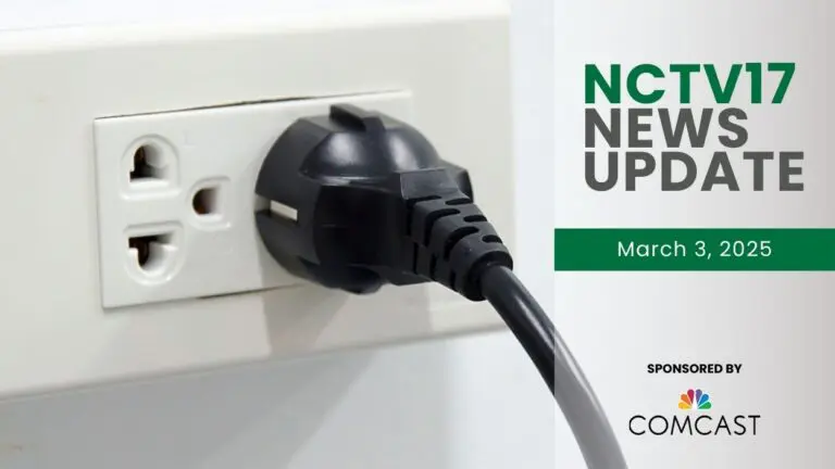 NCTV17 News Update slate for March 3, 2025 with power outlet with cord plugged in background for lead story on power deal extension push