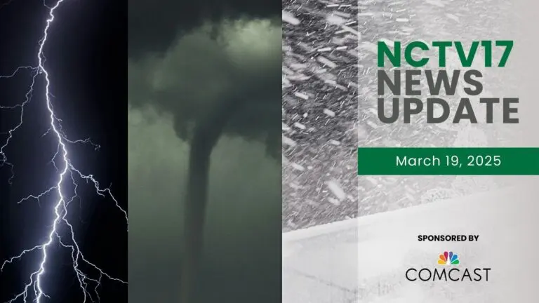 NCTV17 News Update slate for March 19 with severe weather images of lightning, tornado, and snow in background