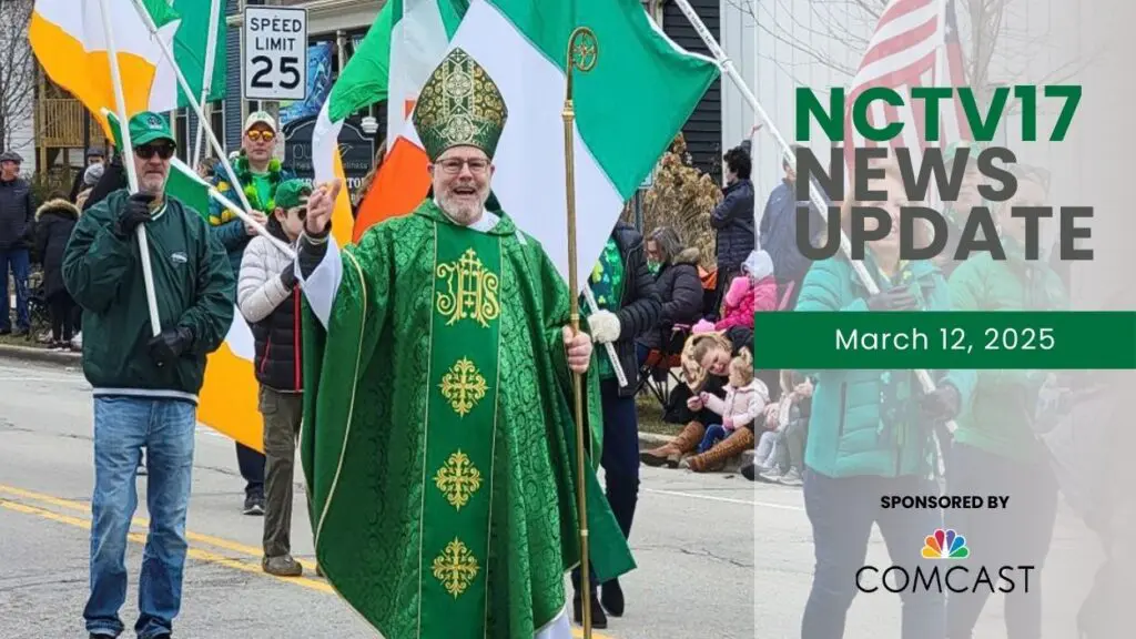 NCTV17 News Update Slate for March 12, 2025 with St. Patrick marching in St. Patrick's Day Parade in Naperville in background
