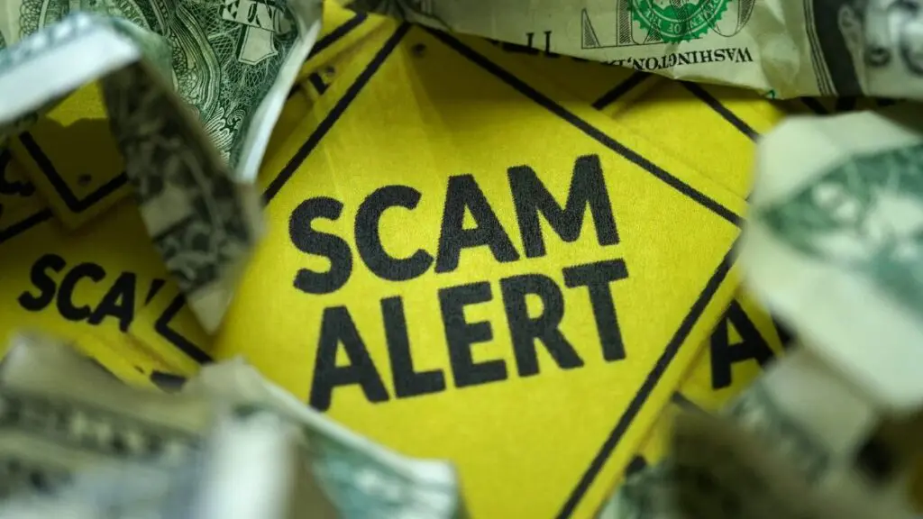Scam alert yellow sign underneath crumpled up money