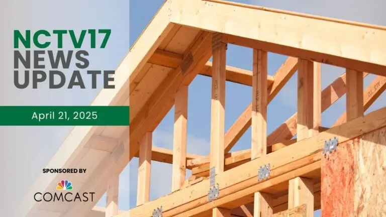 NCTV17 News Update slate for April 21, 2025 with wood housing roof framework in background