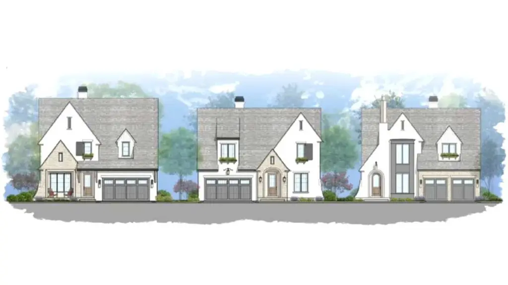 Mock up architectural rendering of three new Naperville single-family homes at proposed Charleston Place