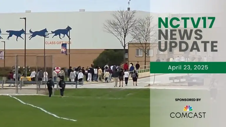 NCTV17 News Update slate for April 23, 2025 with students walking back to Naperville North High School building after temporary lockdown in background