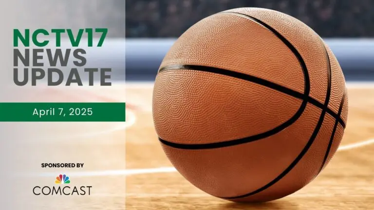 NCTV17 News Update slate for April 7, 2024 with basketball sitting on court in background