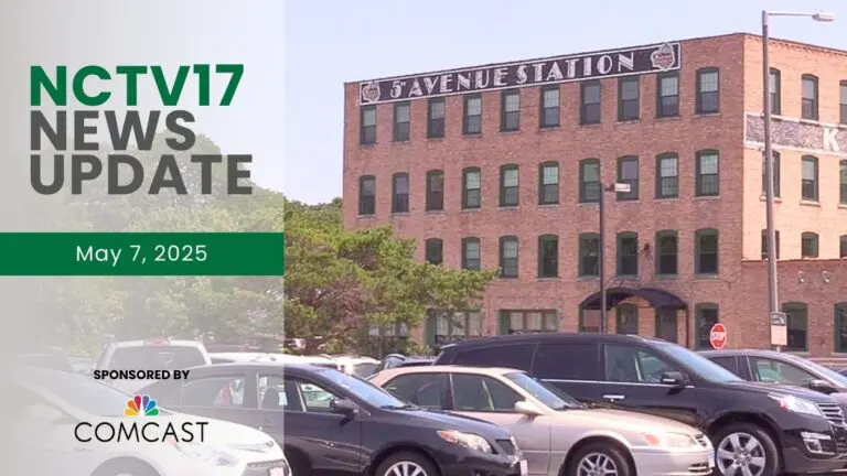 NCTV17 News Update slate for May 7 with 5th Avenue station building in Naperville in background
