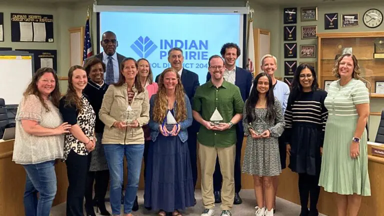 Group of those winning IPSD 204 Inspire Awards Winners include Crossroads Community Church, represented by Meredith Cutshall, as well as Janet Ziarko Andersen, Matthew White and Aashka Mehta.