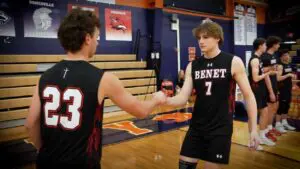 Benet boys volleyball goes through lineup introductions before taking on Oswego East in the Boys Volleyball Regional Semifinals.