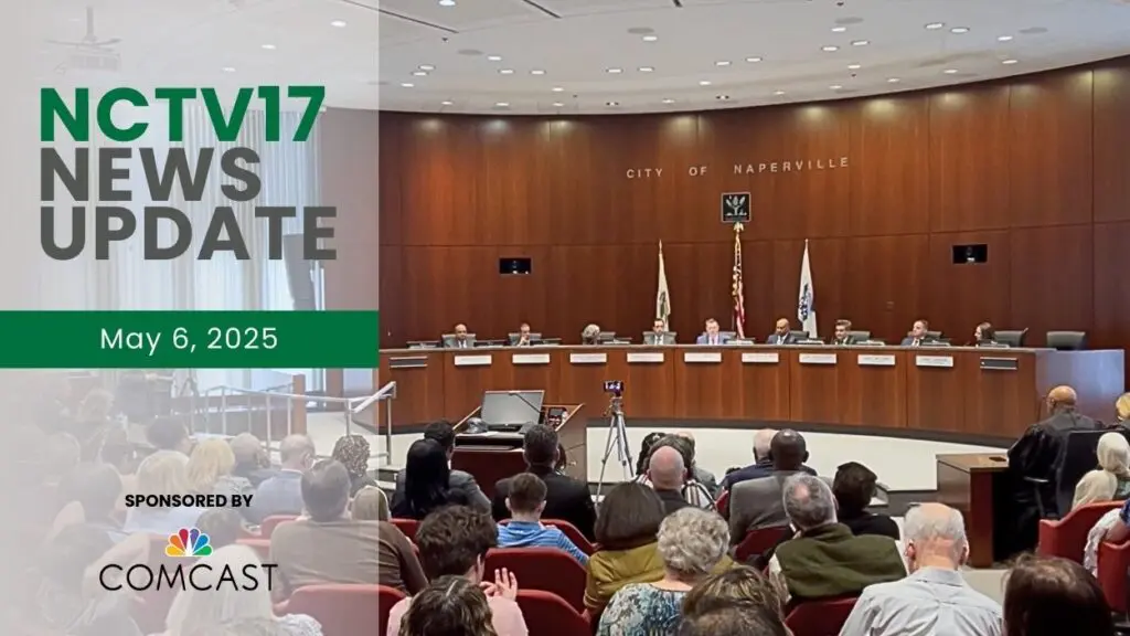 NCTV17 News Update slate for May 6, 2025 with city council members seated at dais as crowd looks on after inauguration event