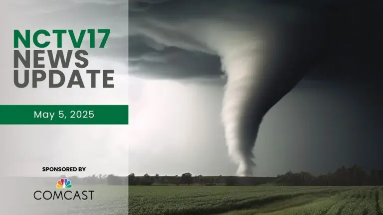 NCTV17 News Update slate for May 5, 2025 with tornado in field image in background