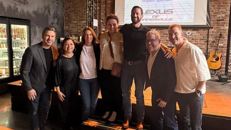 Eight Naperville-area notables chosen to take part in 2025 Dancing with the Celebrities posing in front of stage