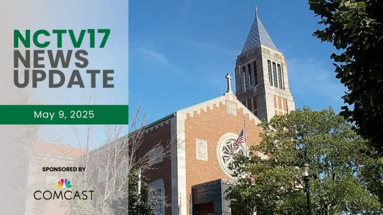 NCTV17 News Update slate for May 9, 2025 with image of St. Raymond's Cathedral in Joliet in background - photo courtesy Farragutful via Wikimedia Commons