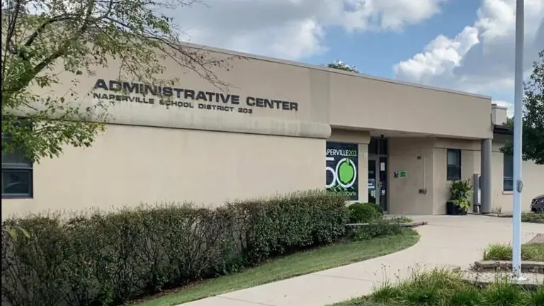 Exterior of Naperville School District 203 administration building front entrance