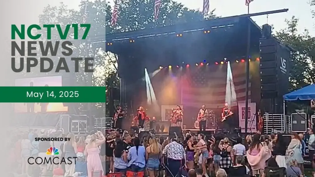 NCTV17 News Update slate for 051425 with band on stage at Naperville Salute with crowd watching in background