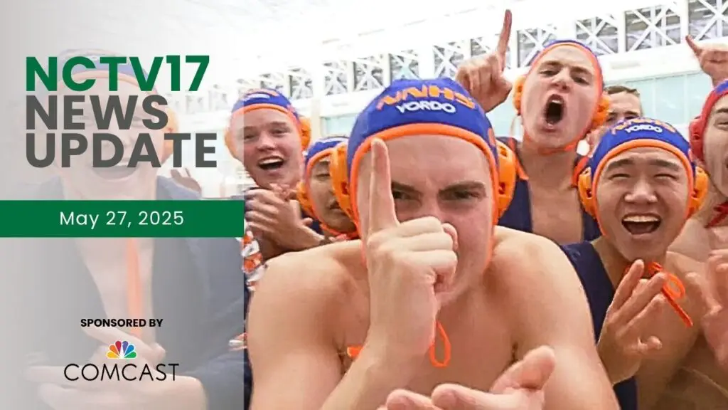 NCTV17 news update slate for May 27, 2025 with Naperville North boys water polo team members in background screaming and holding up number 1 sign on fingers after state win