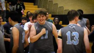 Plainfield South celebrates after beating Benet in the IHSA Boys Volleyball Sectional Semifinals.