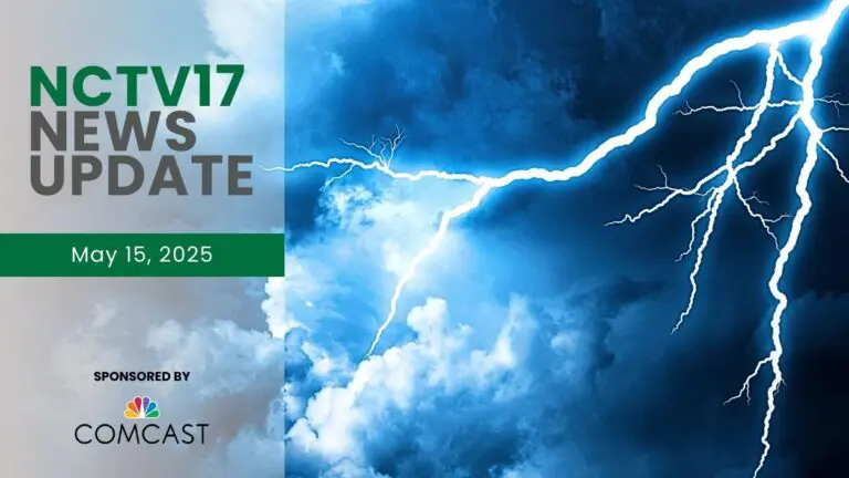 NCTV17 News Update for May 15, 2025 with dark clouds and lightning bolt in background for first story about potential severe weather