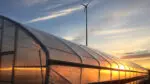 Exterior of a greenhouse at sunset with a small wind turbine behind it.