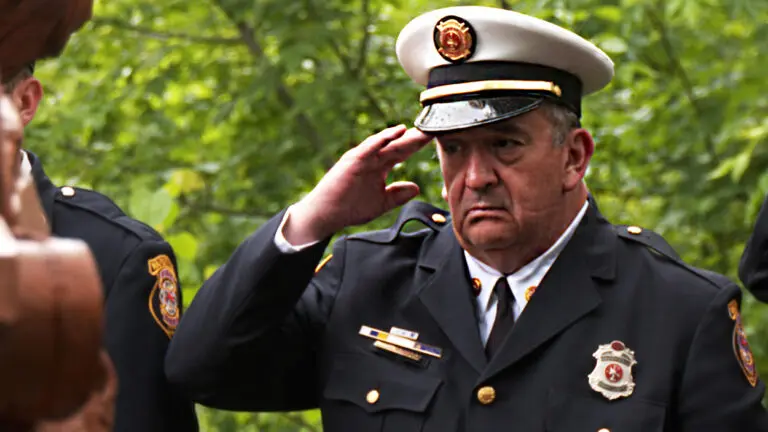 A member of the Naperville Fire Department seen giving a solute and look of solidarity during the annual Fallen Firefighters Memorial