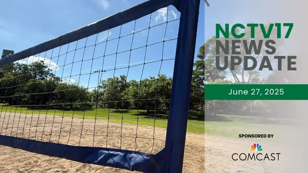 NCTV17 News Update slate for June 27, 2025 with volleyball net at Centennial Park Detention Basin in background