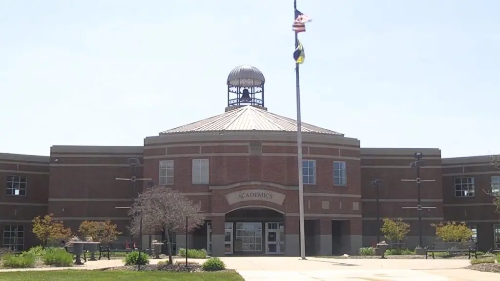 Exterior shot of front of Neuqua Valley High School where freshmen will soon be returning in 2027