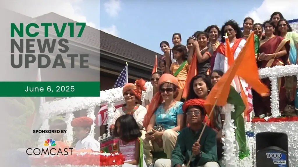 NCTV17 News Update slate for June 6, 2025 with India Day parade float participants in background
