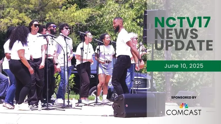 NCTV17 News Update slate for June 10, 2025 with Mikel Mays and band on stage at Juneteenth celebration in background