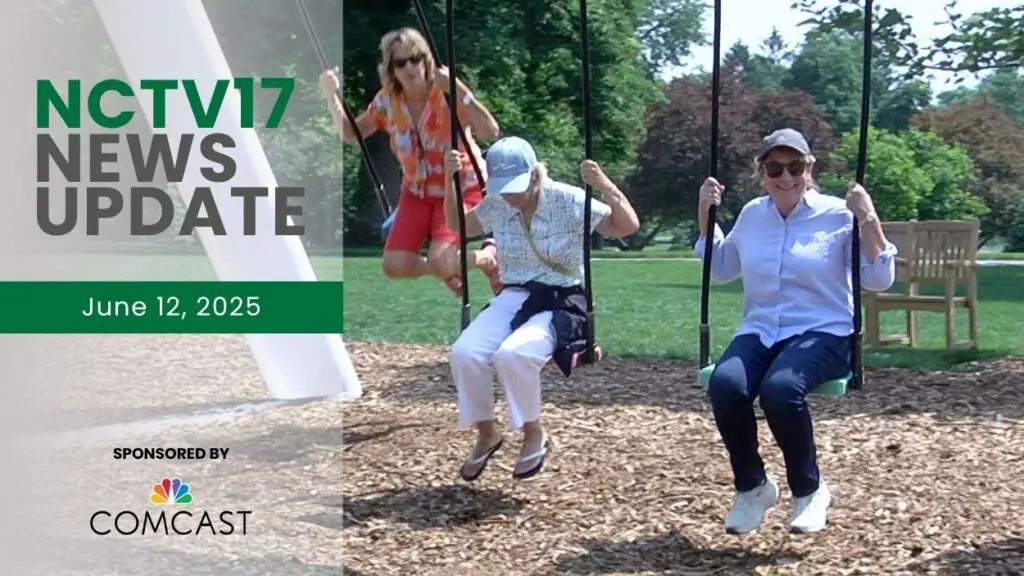 NCTV17 News Update slate for June 12, 2025 with 3 women on musical swings at Cantigny in background