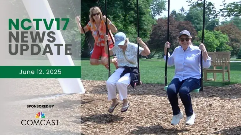 NCTV17 News Update slate for June 12, 2025 with 3 women on musical swings at Cantigny in background