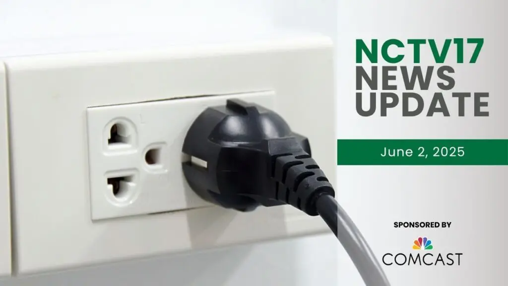 NCTV17 News Update slate for June 2, 2025 with electric outlet with cord plugged in for first story on Naperville power options study