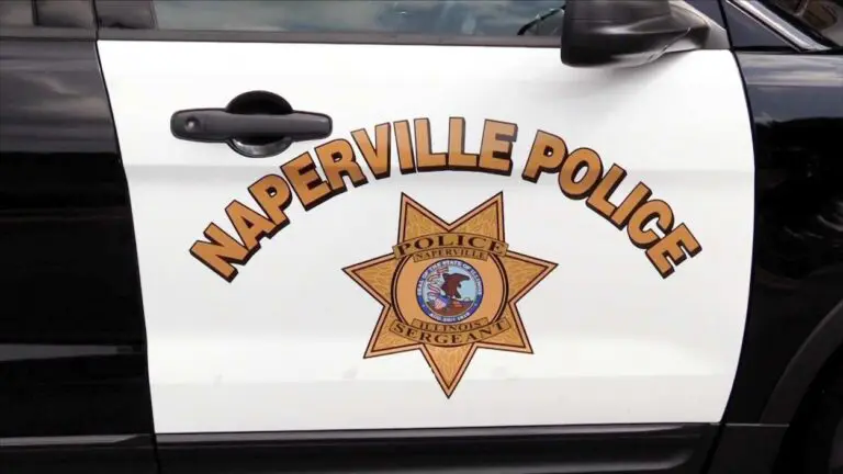 The side door of a Naperville police car