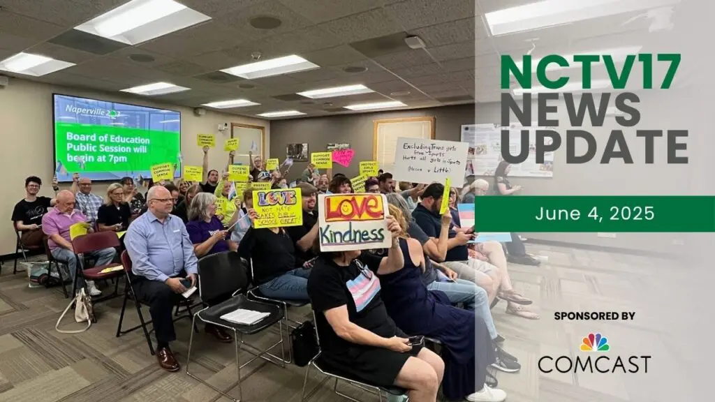 NCTV17 News Update slate for June 4, 2025 with audience members at D203 board meeting with signs either for/against transgender athlete debate n background