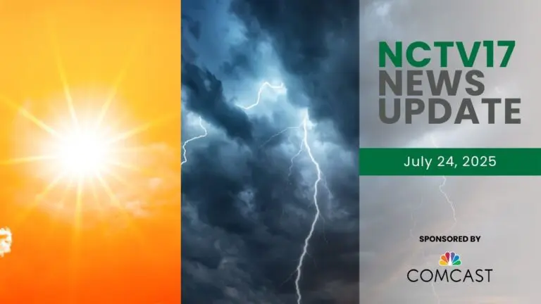 NCTV17 News Update slate for July 24, 2025 with split screen of bright sun for heat and lightning for storms