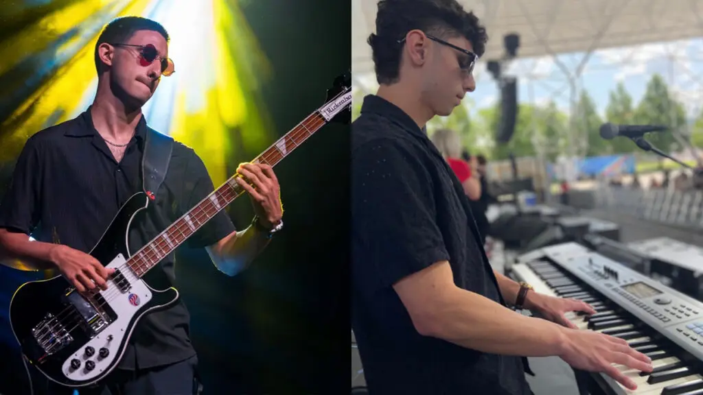 side by side pictures of Adam Bodtke (left), bassist and Andrew Russel (right) keyboardist, both joining this year's School of Rock's nationall AllStar tour