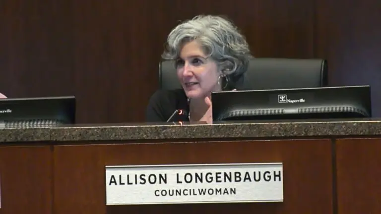 Allison Longenbaugh on council dais with her nameplate in front of her