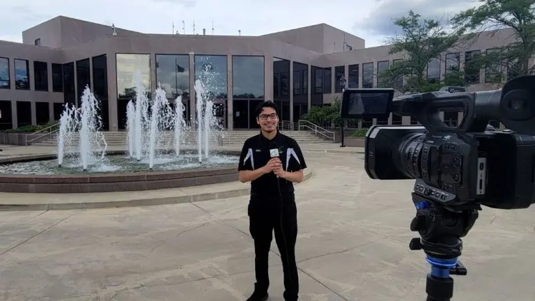Jesus Cortez reporting for NCTV17 outside Naperville city hall