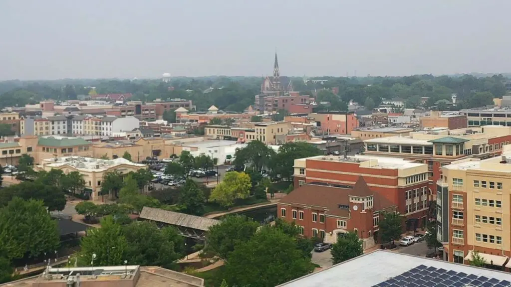Drone shot of Naperville downtown area