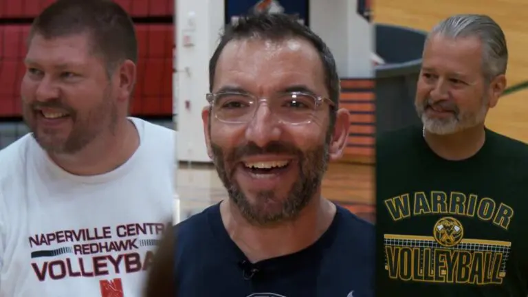 Montage of three volleyball coaches from Naperville smiling.